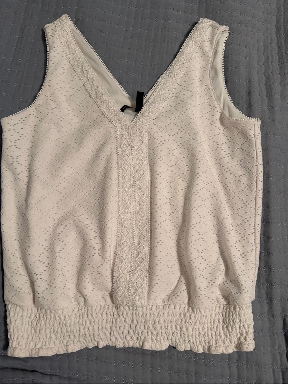 White House Black Market Cream Eyelet V-Neck Tank with Smocked Hem